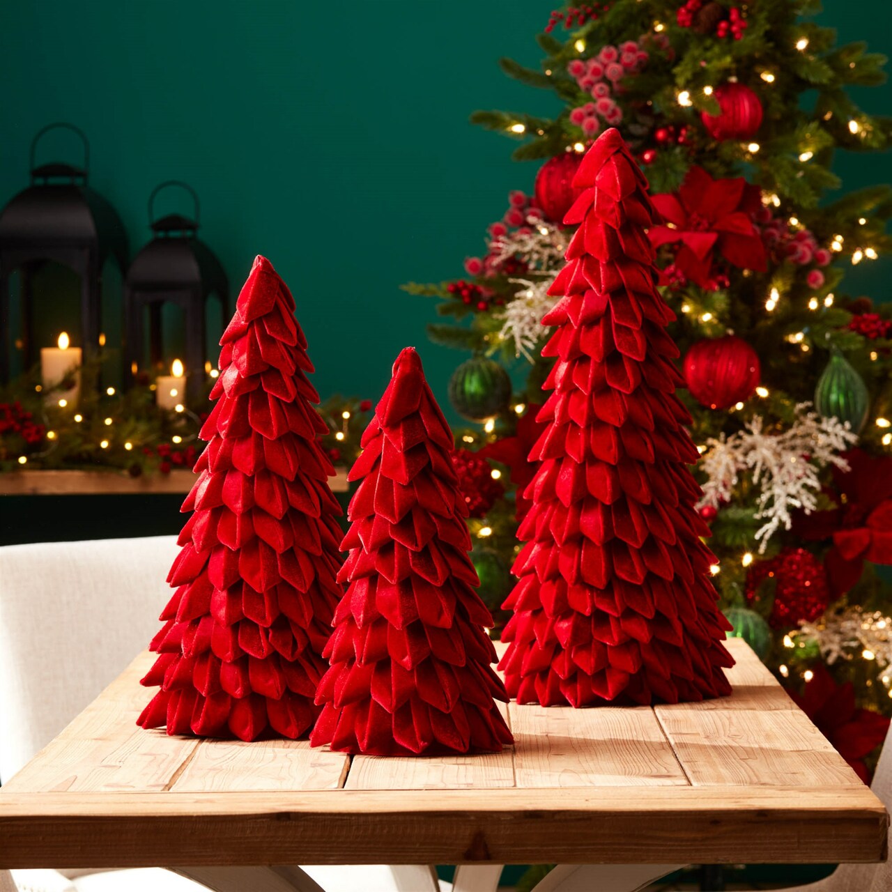 Melrose Cone-Shaped Pine Tree Christmas Decorations - 19.75" - Red - Set of 2